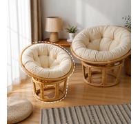 Deconation Petit Fauteuil Papasan en Rotin Beige - Mini Chaise Papasan - Coussin Blanc Cassé - D 80 Cm X H 80 Cm