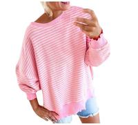 , décontracté, manches longues, col rond, rayé, imprimé, pull sans capuche, sweat-shirt haut pailleté top argent, Rose, L