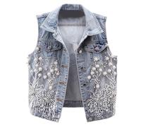 Décontracté Nouveaux vêtements d'extérieur gilet pour femmes veste femme automne perle clou court sans manches haut gilet denim gilet daim gilet femme, bleu, M