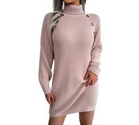 Décontractée, manches longues, tricot solide, col roulé, manches longues bouffantes, tricot côtelé, robe courte, Rose, L