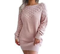 Décontractée, manches longues, tricot solide, col roulé, manches longues bouffantes, tricot côtelé, robe courte, Rose, S