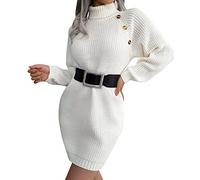 Décontractée, manches longues, tricot solide, col roulé, manches longues bouffantes, tricot côtelé, robe courte, Blanc., L