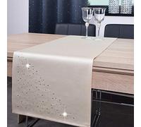 DECOOR - Ceinture/Chemin de Table résistant aux Taches, 40 x 140 cm, Beige, Fini avec Une Base esthétique de 1cm, décoré de Cristaux, Tissu 200 g/m², 100% Polyester, fabriqué en UE