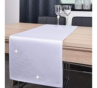 DECOOR - Ceinture/Chemin de Table résistant aux Taches, 40 x 160 cm, Blanc, Fini avec Une Base esthétique de 1cm, décoré de Cristaux, Tissu 200 g/m², 100% Polyester, fabriqué en UE