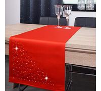 DECOOR - Ceinture/Chemin de Table résistant aux Taches, 40 x 160 cm, Rouge, Fini avec Une Base esthétique de 1cm, décoré de Cristaux, Tissu 200 g/m², 100% Polyester, fabriqué en UE