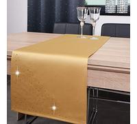 DECOOR - Ceinture/Chemin de Table résistant aux Taches, 40 x 180 cm, Or, Fini avec Une Base esthétique de 1cm, décoré de Cristaux, Tissu 200 g/m², 100% Polyester, fabriqué en UE