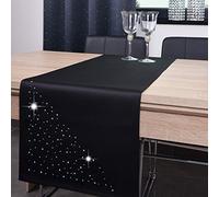 DECOOR - Ceinture/Chemin de Table résistant aux Taches, 40 x 220 cm, Noir, Fini avec Une Base esthétique de 1cm, décoré de Cristaux, Tissu 200 g/m², 100% Polyester, fabriqué en UE