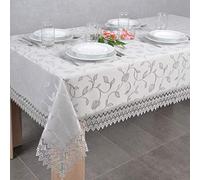 DECOOR - Nappe résistante, 300 x 140 cm, Gris, aux Taches finie avec de la Dentelle Guipure décorative, 9 cm de Large, en Tissu Jacquard 230g/m², 100% Polyester, fabriquée en UE