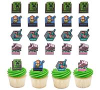 DecoPac Minecraft Lush Finds Lot de 24 décorations pour cupcakes avec Creeper, Alex, Steve et Axolotl Multicolore 3D de qualité alimentaire