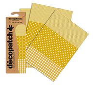 Décopatch C543O - Une pochette de 3 feuilles de papier imprimé 30x40 cm, rayures, pois et carreaux jaunes
