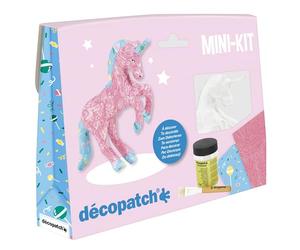 décopatch KIT009O - Un mini-kit comprenant un animal en papier pulpé blanc, 2 feuilles, un pinceau et un pot de vernis colle, LICORNE