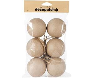 Décopatch NO006O - Un lot de 6 supports en papier brun mâché 6,5x6,5x6,5 cm, Boules avec cordon doré