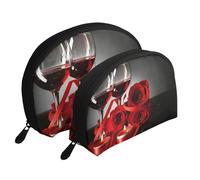 Décor d'amoureux romantiques de Rose Rouge et de vin, Trousse de Maquillage Coquille Femme Petit Porte-Monnaie Trousse de Toilette Trousse à cosmétiques 2 pièces