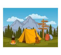 Décor de camping style dessin animé - Forêt, montagne et feu de camp, thème tente de camping pour une fête d'anniversaire, panneau randonnée,
