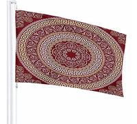 Décor de drapeau d'ornement grec 0,9 x 1,5 m carré doré et cercle de méandre rond en polyester motif imprimé décoration extérieure pour maisons et jardins