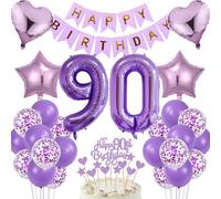 Décor de fête pour 90 ans - Décoration de gâteau - Cadeau - Grand set de ballons violets - Bannière Happy Birthday - Ballons en feuille chiffre 90 - Décoration de gâteau - Décoration de table