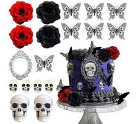 Décor de Gâteau Gothique d'Halloween, Halloween Figurines Ornements Gothique Rose Crâne Papillon Vintage Cadre Photo Pour DIY Home Festival Decor (21)
