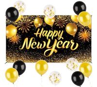 Décor de Photo Nouvel An Banderole 1x1.8m + 12PCS Ballons + Ruban de Soie Toile de Fond Grand Tissu de Photographie Bannière Or Noir pour Fête (Nouvel An)