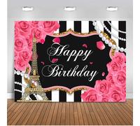 Décor de photomaton « Joyeux anniversaire » sur le thème de Paris (2,1 x 1,5 m) : rayures noires et blanches, roses roses et Tour Eiffel.