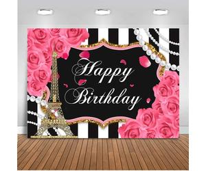 Décor de photomaton « Joyeux anniversaire » sur le thème de Paris (2,1 x 1,5 m) : rayures noires et blanches, roses roses et Tour Eiffel.