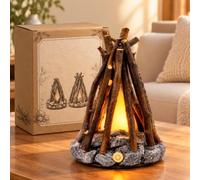 Décor de table de feu de camp en bois, LED tactile, 3 Modes USB rustique | Bois véritable, base pierre, tactile, USB, lueur chaude, décoration cabine(Style B-6.3IN)