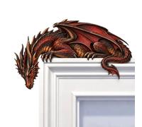 Décor du Dessus de Porte Ornement Mural en Bois Médiéval-Fantastique | Figurine d'Angle de Porte avec Dragon Endormi Pour Entrée Fenêtre Salle De Jeux Maison Couloir Chalet Patio Vestibule Rouge