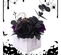 Décor floral hanté - Arrangement de fleurs noires du jour des morts, bouquet artificiel gothique dans un vase en bois, décoration élégante pour centre de table d'Halloween, présentoir décoratif pour t