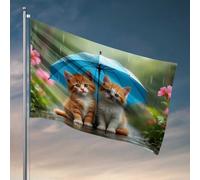Decor For Man Cave Two Kittens Under An Umbrella In The Rain Flag Porche Flag Cool Flags For Man Cave (30 x 45 cm)