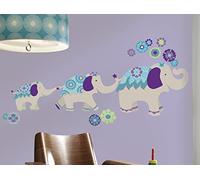 Décor Géant Adhésif Repositionnable Elephants et Fleurs Violettes