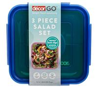 Décor Go Service à salade 3 pièces - Boîte à déjeuner de 1,1 l avec clips étanches, couvercle hermétique, plateau divisé amovible et bac à vinaigrette, sans BPA, passe au micro-ondes et au