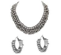 Decor Tales Parure de bijoux collier ras du cou et boucles d'oreilles faite à la main style ethnique indien Bollywood tribal gitan oxydé avec perles Ghungroo en argent