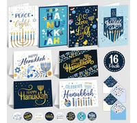 Decorably Lot de 16 cartes Happy Hanoukka avec enveloppes et autocollants - 8 designs élégants assortis - Cartes Hanoukka avec message imprimé à l'intérieur - 12,7 x 17,8 cm - Doré et pailleté