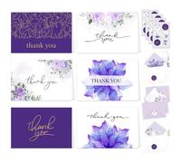 Decorably Lot de 24 cartes de remerciement violettes de 15,2 x 10,2 cm avec enveloppes et autocollants, 6 beaux motifs de cartes de remerciement lavande avec enveloppes violettes, intérieur vierge