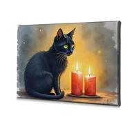 Decoraciones Para Cuartos Toile décorative Motif chat noir aux yeux lumineux assis à côté de deux bougies allumées Décoration murale pour salle de bain ou salon 40 x 60 cm
