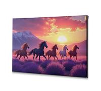 Decoraciones Para Cuartos Toile décorative Motif chevaux au galop dans un champ de lavande au coucher du soleil 20 x 30 cm