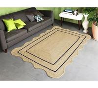 DECORAM WORLD Tapis en jute festonné naturel fabriqué à la main avec bordure bleu marine - Pour salon, chambre à coucher, entrée - Décoration d'intérieur bohème - 1,2 x 2,7 m