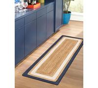 DECORAM WORLD Tapis en jute tissé à la main de style bohème rustique et respectueux des animaux domestiques pour salon, salle à manger et chambre à coucher - Beige et bleu marine et blanc, 0,6 x 3,7 m