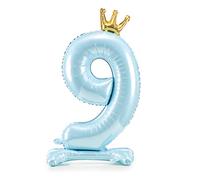 Decoraparty Ballon avec numéro 9 debout, bleu ciel, ballon en aluminium, bleu clair, 84 cm, support masculin, feuille gonflable, avec air, pour fête, anniversaire, remise de diplôme, enfant