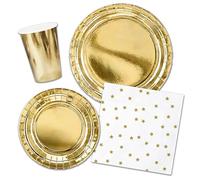 Decoraparty Kit de vaisselle en or pour 6 invitations, décorations dorées de table jetable pour 6 personnes pour le Nouvel An Noël célébration 6 grandes assiettes 6 petites assiettes 20 serviettes 6