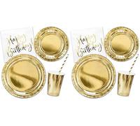 Decoraparty Set de vaisselle or pour anniversaire 6 personnes, décorations de table avec inscription Happy Birthday - 6 verres, 6 grandes assiettes, 6 petites assiettes, 20 serviettes, 10 pailles (48
