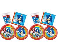 Decoraparty Set de vaisselle pour 8 personnes, décoration de fête d'anniversaire, 8 grandes assiettes, 8 petites assiettes, 20 serviettes, 8 verres, The Hedgehog, Blue Blur (44 pièces) (Lot de 2)