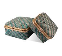 Decorasian Boîte tressée en bambou - Panier décoratif avec couvercle - Ensemble taille M et L - Bleu vert