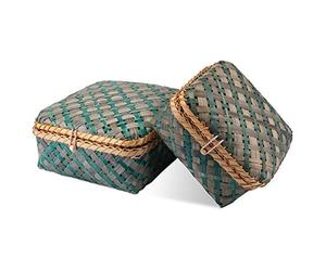 Decorasian Boîte tressée en bambou - Panier décoratif avec couvercle - Ensemble taille M et L - Bleu vert