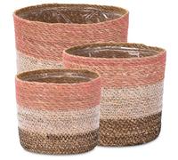 Decorasian Cache-pot en jonc de mer - Pot de fleurs tressé - Panier à plantes avec insert en film de style bohème - Rose/blanc/noir - Lot de 25 cm + 20 cm + 16 cm