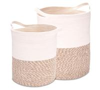Decorasian Lot de 2 paniers à linge en jute et coton - Grand sac à linge rond - Grand panier à linge avec poignées - Panier à linge pour enfants - Lot de 2 S + M