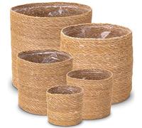 Decorasian Lot de 5 pots de fleurs tressés en jonc de mer - Panier décoratif avec insert en film - Style bohème - Naturel