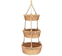 Decorasian Panier à fruits suspendu, Grande étagère avec 3 paniers en jacinthe d'eau - Étagère à fruits pour la conservation des fruits et légumes - Panier suspendu - 34 cm