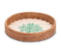 Decorasian Plateau vintage en rotin avec mosaïque de coquillages - Plateau de service et décoratif avec poignée style Boho - Diamètre 25 cm