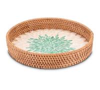 Decorasian Plateau vintage en rotin avec mosaïque de coquillages - Plateau décoratif et plateau de service avec poignée dans le style Boho - Diamètre 30 cm