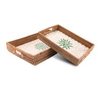 Decorasian Plateau vintage en rotin avec mosaïque de coquillages - Plateau décoratif et plateau de service avec poignée style Boho - Lot de 2